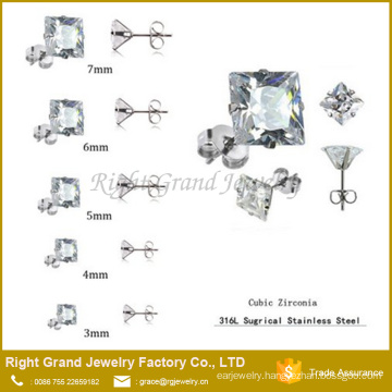 Stainless Steel Prong Set Clear Square Cubic Zircon Stud Earrings Body Jewelry